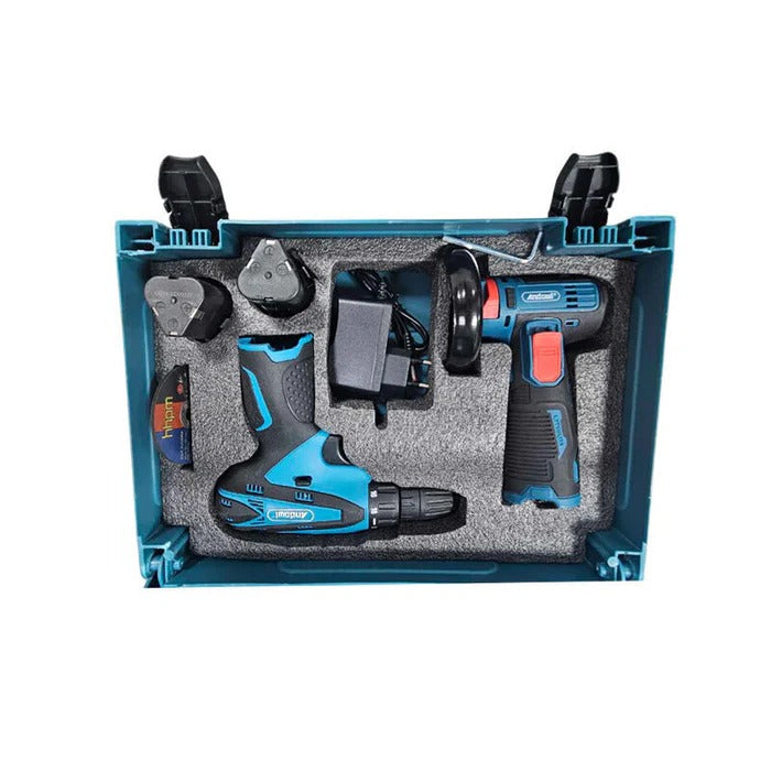 Kit Masina de gaurit cu impact 12V + Mini polizor unghiular, 2 baterii si husa PromotiiZilnice