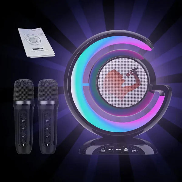 Dispozitiv Karaoke All-in-One, cu Boxa Bluetooth, Iluminare RGB Led, 1 Microfon, Slot Card, Conectare la Smartphone - PromotiiZilnice