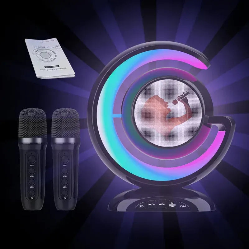 Dispozitiv Karaoke All-in-One, cu Boxa Bluetooth, Iluminare RGB Led, 1 Microfon, Slot Card, Conectare la Smartphone - PromotiiZilnice