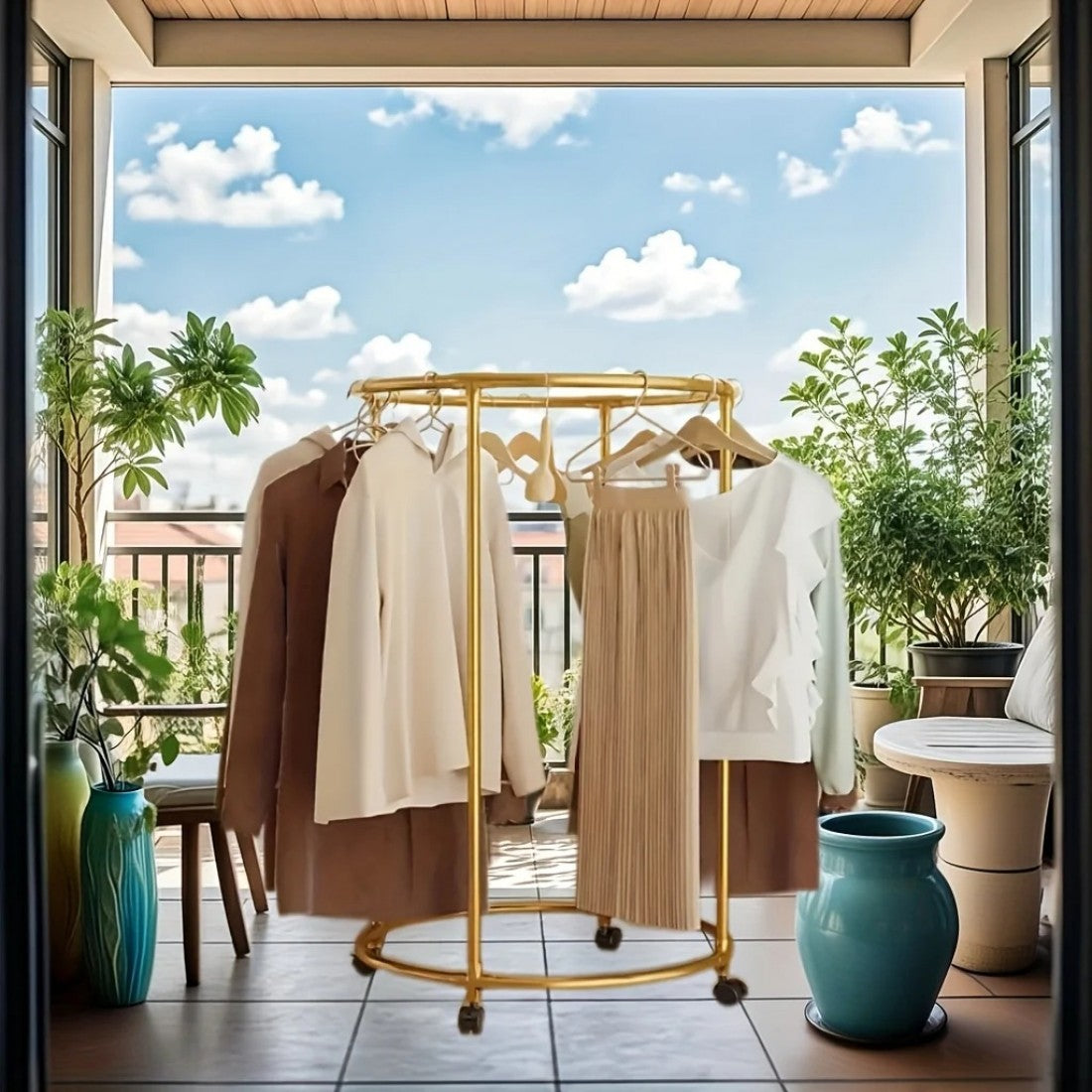 Suport Rotund pentru Haine din Otel Inoxidabil cu Roti, Finisaj Gold, Capacitate 40 kg PromotiiZilnice