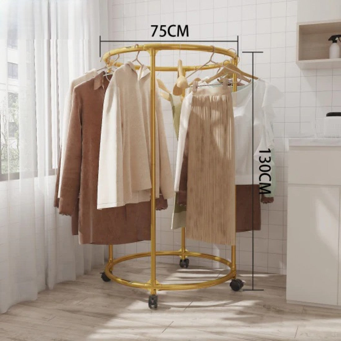 Suport Rotund pentru Haine din Otel Inoxidabil cu Roti, Finisaj Gold, Capacitate 40 kg PromotiiZilnice