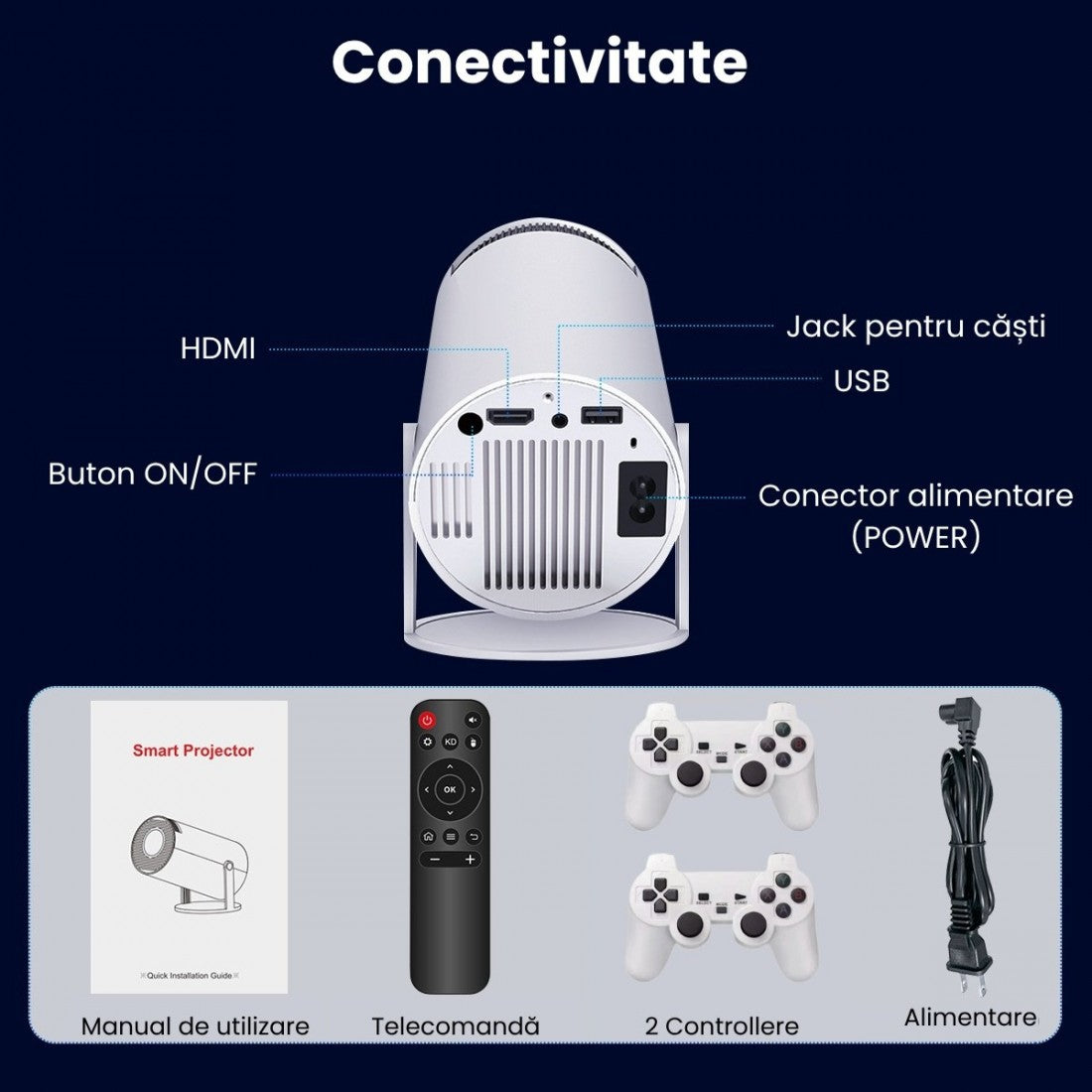 Videoproiector portabil smart cu Android 11, 2 controllere și jocuri incluse, Wi-Fi 6, suport 4K PromotiiZilnice
