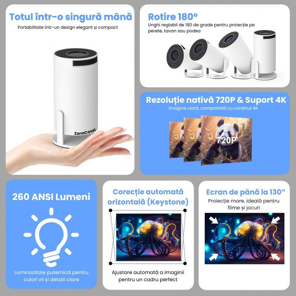 Videoproiector portabil smart cu Android 11, 2 controllere și jocuri incluse, Wi-Fi 6, suport 4K PromotiiZilnice