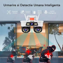 Set 2 Camere WiFi Exterior 9MP 6K cu 3 Lentile si Cap PTZ 355°, Viziune Nocturna Color si Audio Bidirectional, IP66 + 2 x Card 32GB - PromotiiZilnice