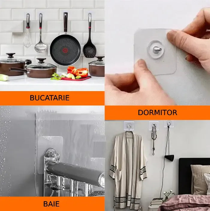 Set 20 Carlige Autoadezive, Rezistente 5 kg, Agatatori Transparente pentru Perete, 6x6 cm - PromotiiZilnice