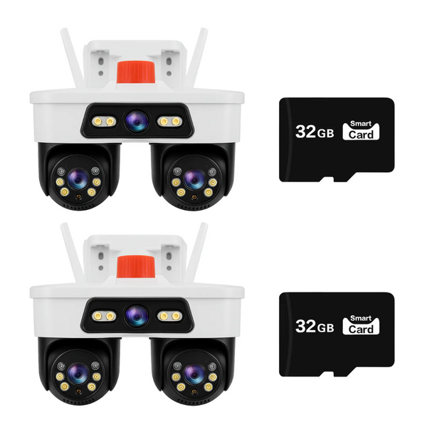 Set 2 Camere WiFi Exterior 9MP 6K cu 3 Lentile si Cap PTZ 355°, Viziune Nocturna Color si Audio Bidirectional, IP66 + 2 x Card 32GB - PromotiiZilnice