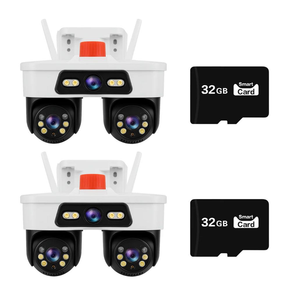 Set 2 Camere WiFi Exterior 9MP 6K cu 3 Lentile si Cap PTZ 355°, Viziune Nocturna Color si Audio Bidirectional, IP66 + 2 x Card 32GB - PromotiiZilnice