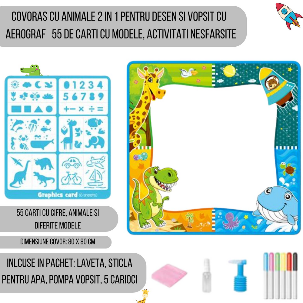 Covoras creativ pentru copii – desen cu apa, inclus carioci si spray, 80x80 cm - PromotiiZilnice