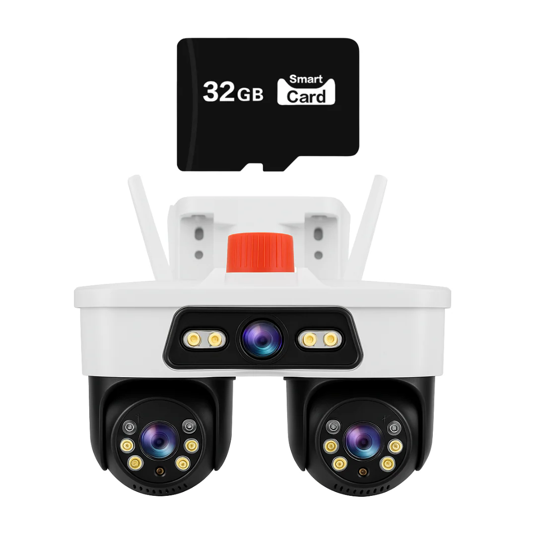 Camera WiFi Exterior 9MP 6K cu 3 Lentile si Cap PTZ 355°, Viziune Nocturna Color si Audio Bidirectional, IP66 + Card 32GB - PromotiiZilnice Imagine principală a produsului