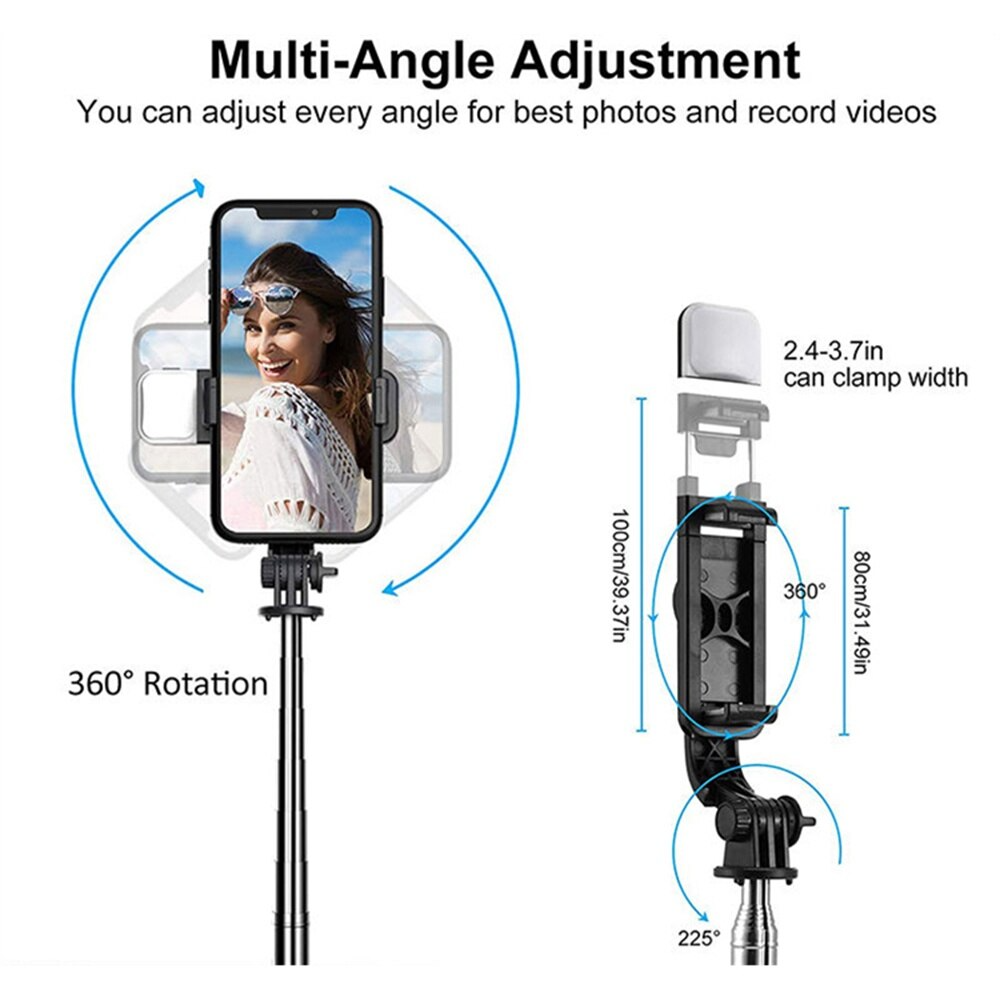 Trepied selfie stick Bluetooth cu lumină LED, extensibil 105 cm, Negru - PromotiiZilnice