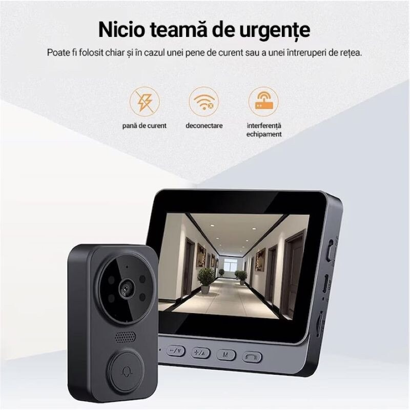 Videointerfon Inteligent cu Ecran 4.3” – Cameră HD 1080P, Comunicare Bidirecțională, Vedere Nocturnă, Baterie Reîncărcabilă