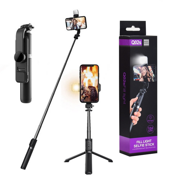 Trepied selfie stick Bluetooth cu lumină LED, extensibil 105 cm, Negru - PromotiiZilnice