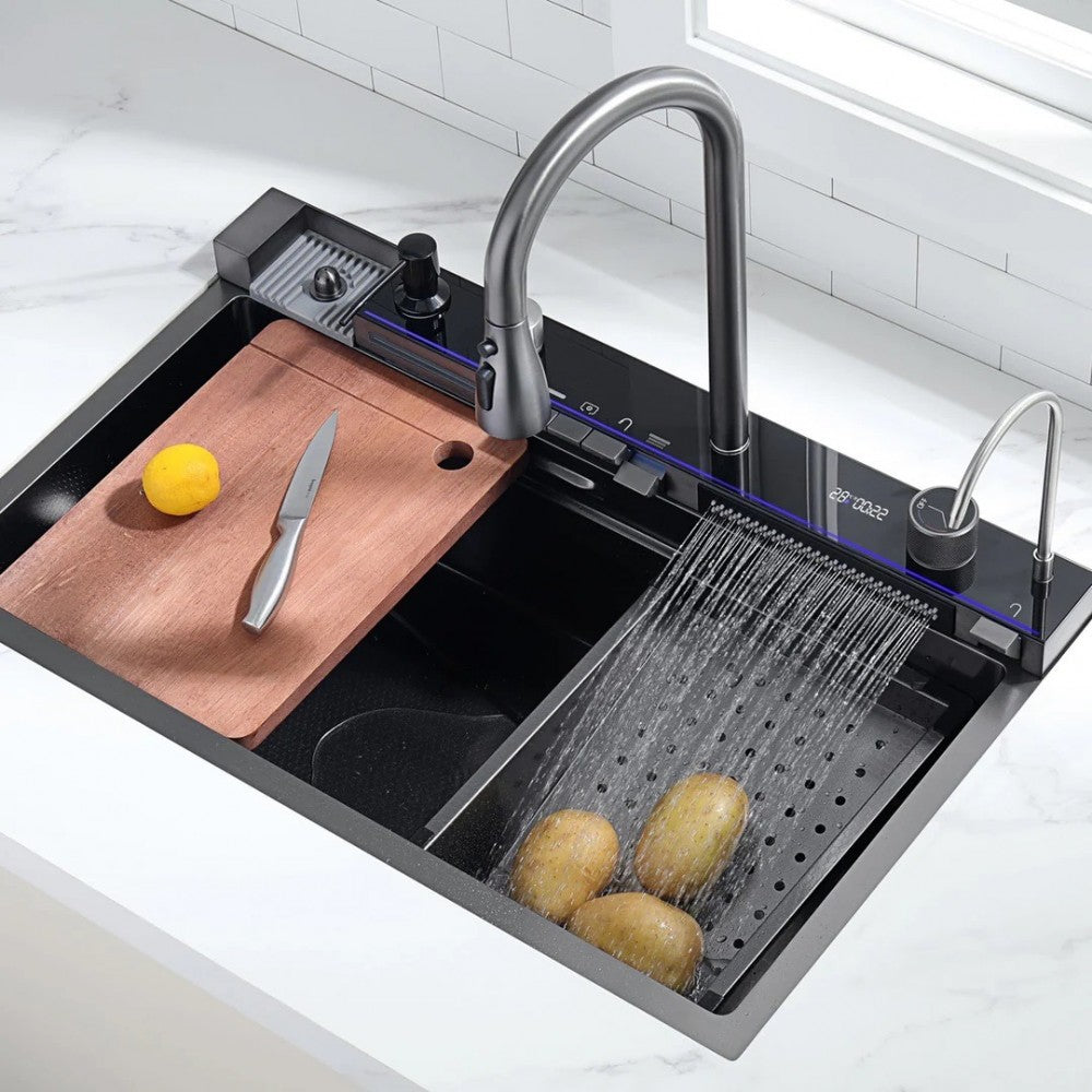 Chiuveta Bucătărie Multifuncțională cu LED – Inox Premium, Gri Închis, 75x45 cm – Puterea Tehnologiei și Designului în Bucătăria Ta PromotiiZilnice
