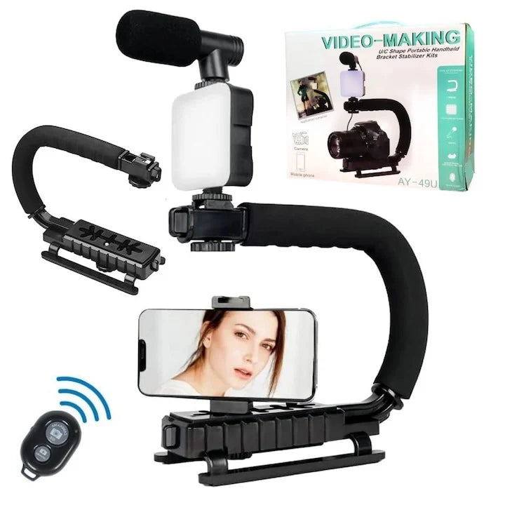 Kit vlogging complet pentru camera, telefon, trepied in forma de U, telecomanda bluetooth, microfon PromotiiZilnice