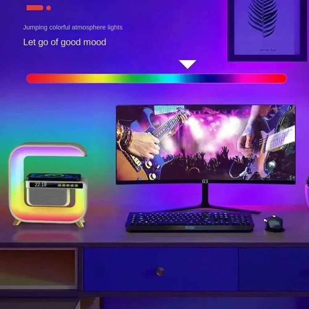 Lampa Smart LED RGB cu difuzor Bluetooth, Incarcare Wireless 15 W pentru Mobil, Ceas, Lumina Ambientala, Alarma, Alb PromotiiZilnice