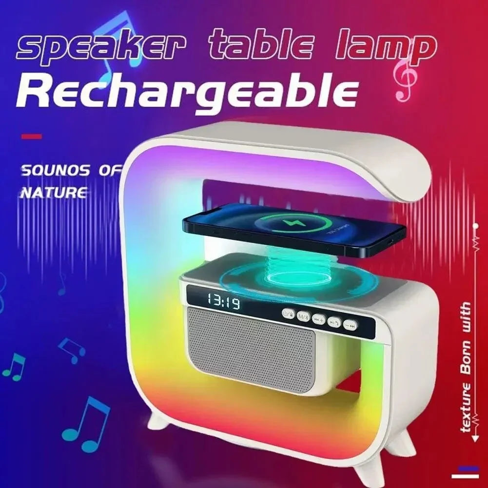 Lampa Smart LED RGB cu difuzor Bluetooth, Incarcare Wireless 15 W pentru Mobil, Ceas, Lumina Ambientala, Alarma, Alb PromotiiZilnice