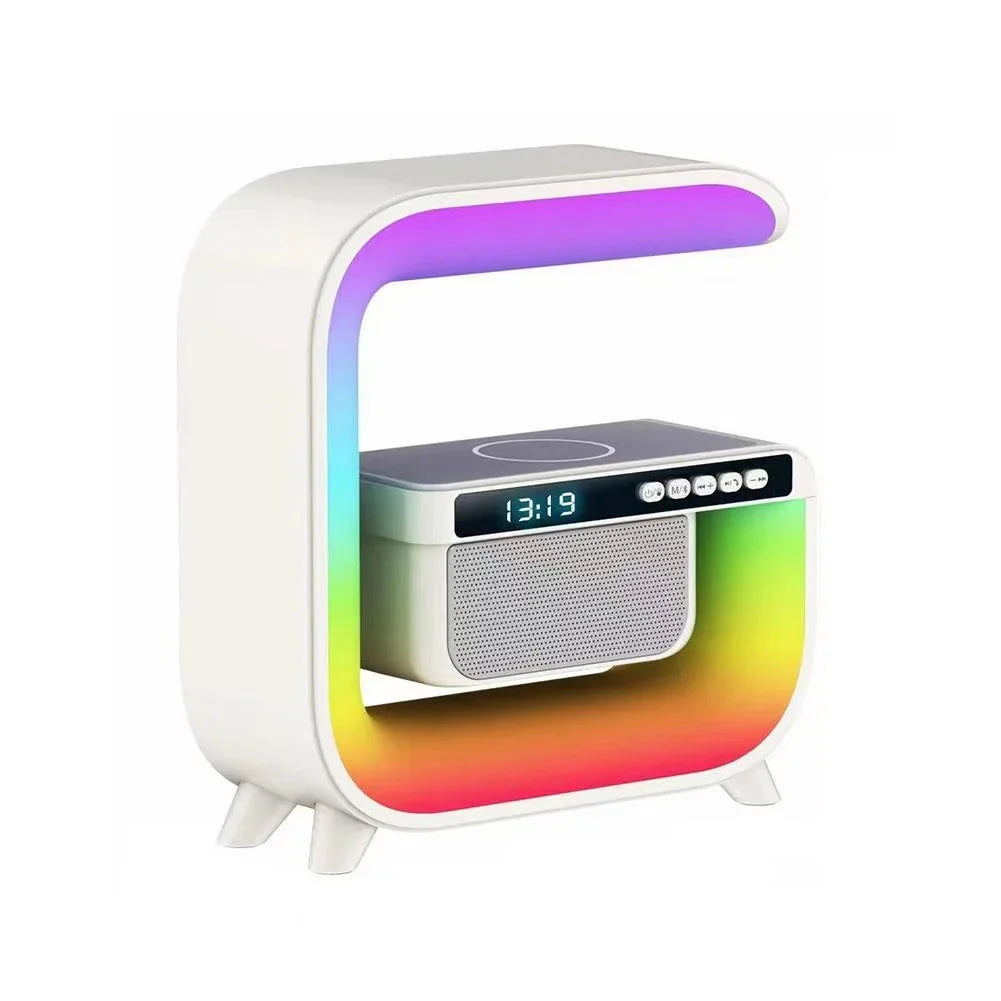 Lampa Smart LED RGB cu difuzor Bluetooth, Incarcare Wireless 15 W pentru Mobil, Ceas, Lumina Ambientala, Alarma, Alb PromotiiZilnice
