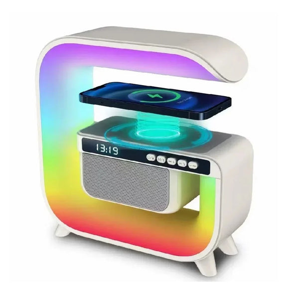 Lampa Smart LED RGB cu difuzor Bluetooth, Incarcare Wireless 15 W pentru Mobil, Ceas, Lumina Ambientala, Alarma, Alb PromotiiZilnice