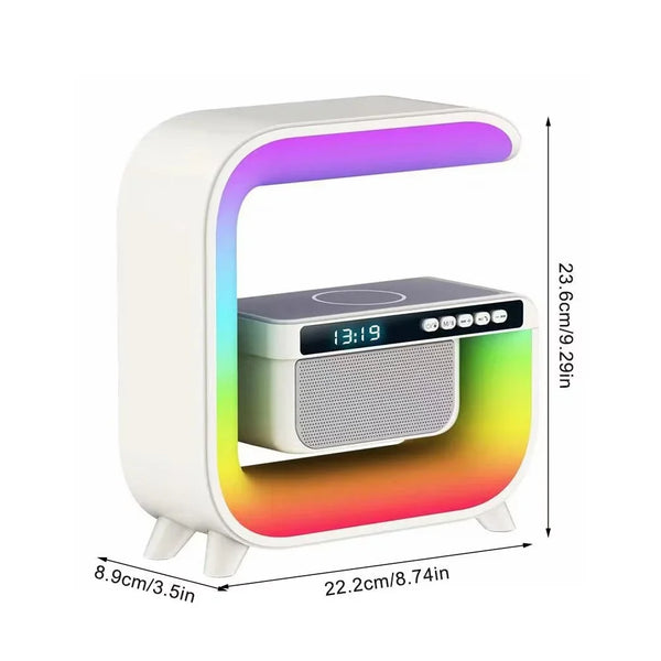 Lampa Smart LED RGB cu difuzor Bluetooth, Incarcare Wireless 15 W pentru Mobil, Ceas, Lumina Ambientala, Alarma, Alb PromotiiZilnice