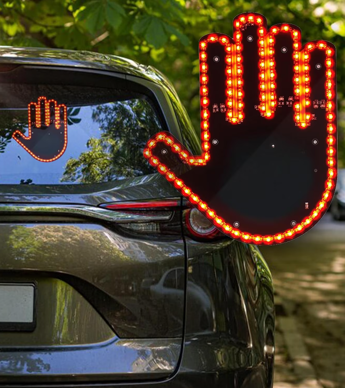 1+1 CADOU Semn LED Auto cu Telecomanda, Design Mana, 4 Moduri, Efect Vizual Stralucitor, Negru/Galben PromotiiZilnice