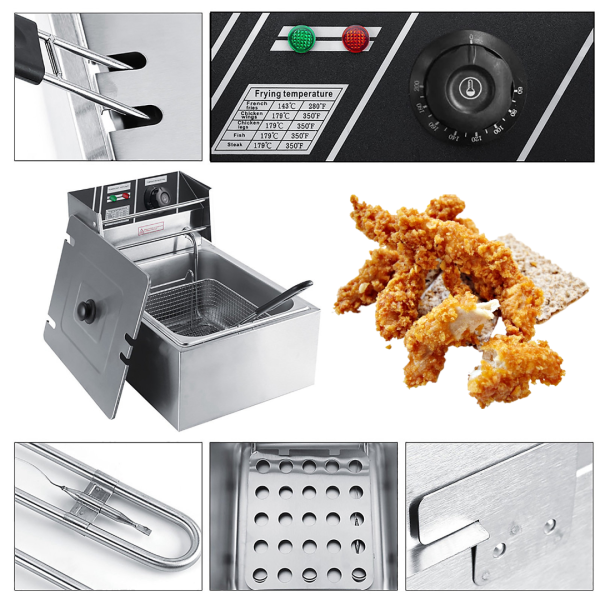 Friteuza Electrica Profesionala 6L, Inox, 2500W – Termostat Reglabil, Capac Antistropire, Usor de Curatat - PromotiiZilnice