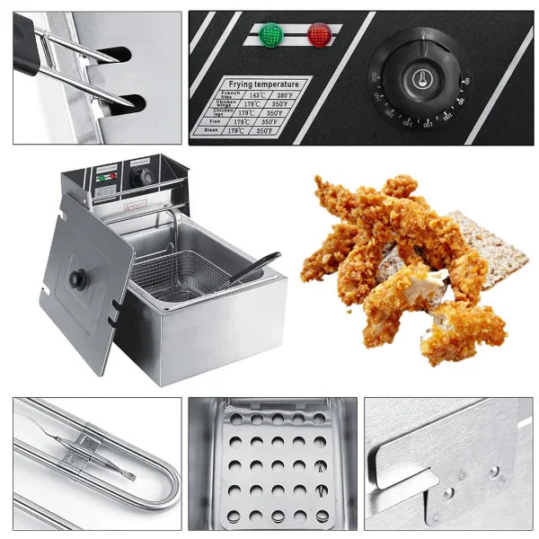 Friteuza Electrica Profesionala 6L, Inox, 2500W – Termostat Reglabil, Capac Antistropire, Usor de Curatat PromotiiZilnice