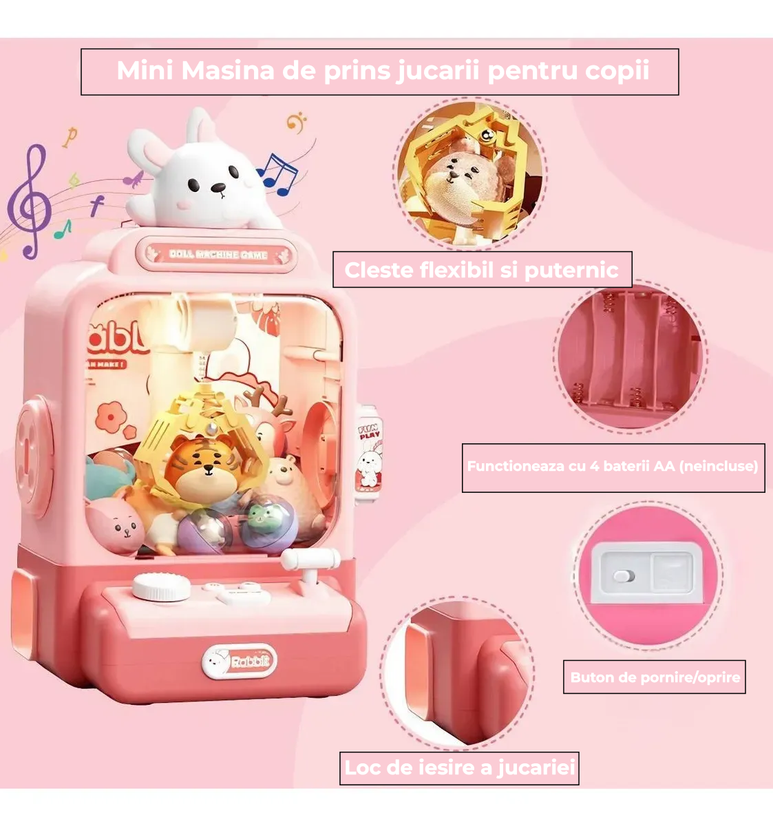 Mini Tonomat Arcade, Masina de prins Jucarii Roz, cu Muzica și Accesorii - PromotiiZilnice