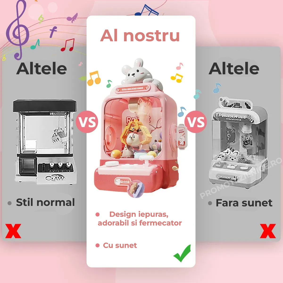 Mini Tonomat Arcade, Masina de prins Jucarii Roz, cu Muzica și Accesorii - PromotiiZilnice