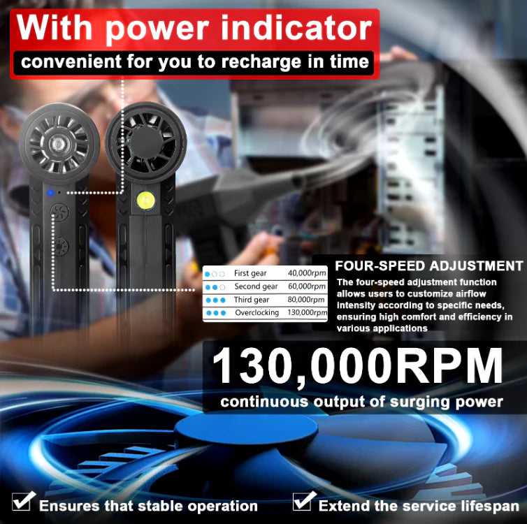 Suflanta aer portabila, indicator baterie, turbo fan, 130000 RPM, 4 trepte de putere, baterie 5000 mAh, negru cu 2 acumulatori PromotiiZilnice